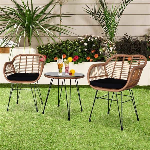 3 pcs Wicker Rattan Patio Conversation Set with Tempered Glass Table Flaxen Yellow