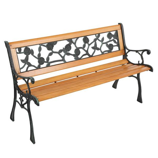 49" Garden Bench Patio Porch Chair Deck Hardwood Cast Iron Love Seat Rose Style Back