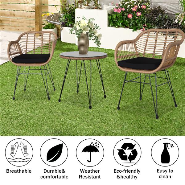 3 pcs Wicker Rattan Patio Conversation Set with Tempered Glass Table Flaxen Yellow