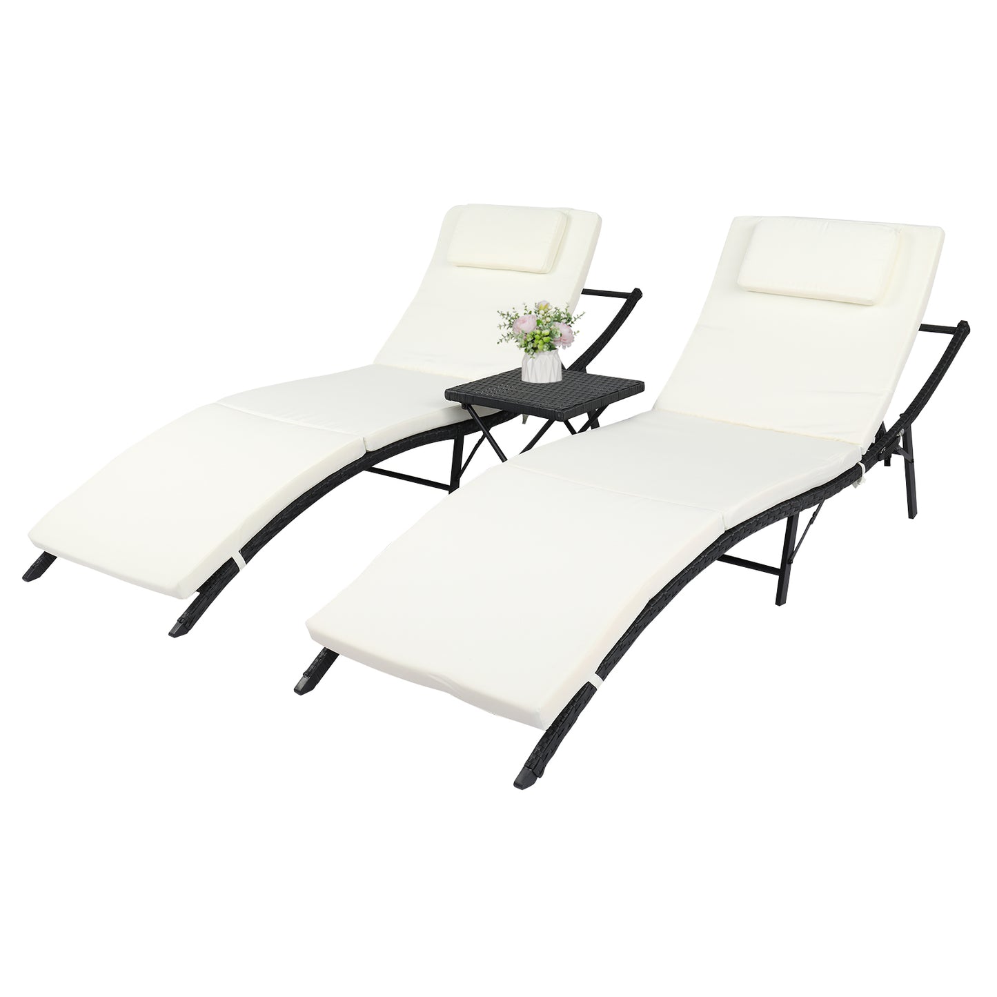 Outdoor Folding Bed Patio Three-Piece Set Rattan Black Four Lines