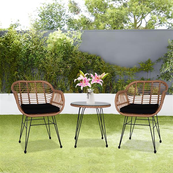 3 pcs Wicker Rattan Patio Conversation Set with Tempered Glass Table Flaxen Yellow