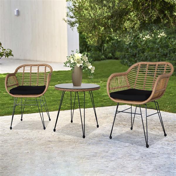 3 pcs Wicker Rattan Patio Conversation Set with Tempered Glass Table Flaxen Yellow