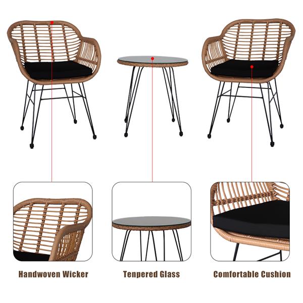 3 pcs Wicker Rattan Patio Conversation Set with Tempered Glass Table Flaxen Yellow